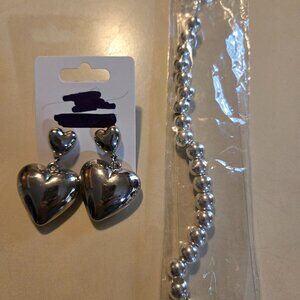 Silver bead clasp bracelet and silver puff heart dangle earrings, NWT